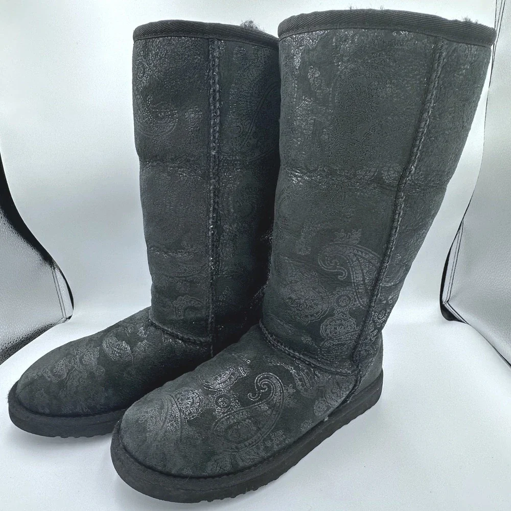 UGG Australia #5852 Black Paisley Classic Tall Metallic Plate Sheepskin Boots W6